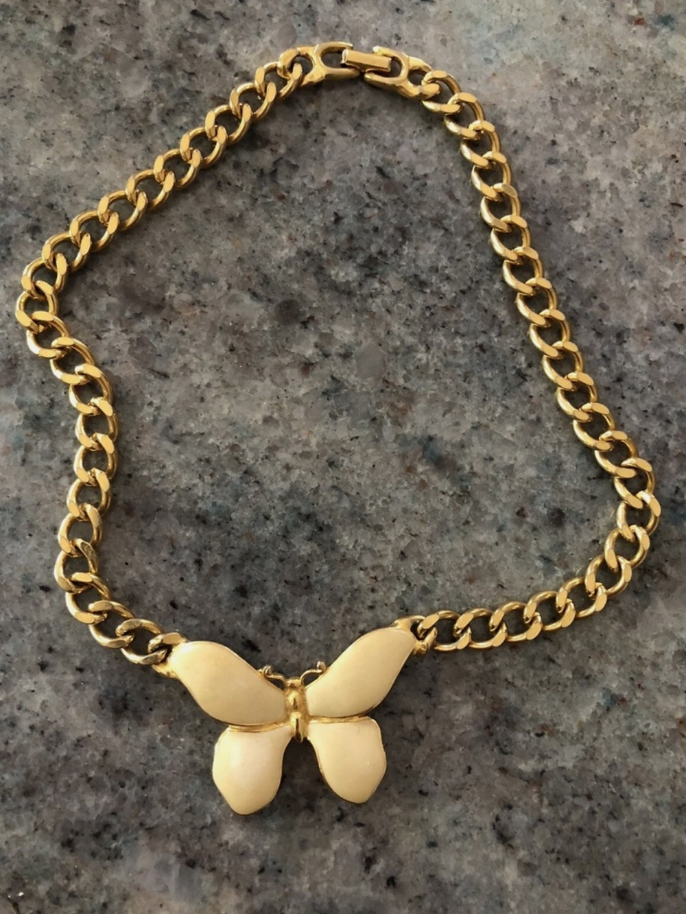 Vintage Les Bernard Inc Gold Tone Enamel Butterfly Necklace Link Chain ~ Stamped